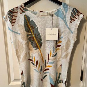 NWT CYNTHIA ROWLEY Tropical Botanical Print Linen Slub Knit Top Size Small